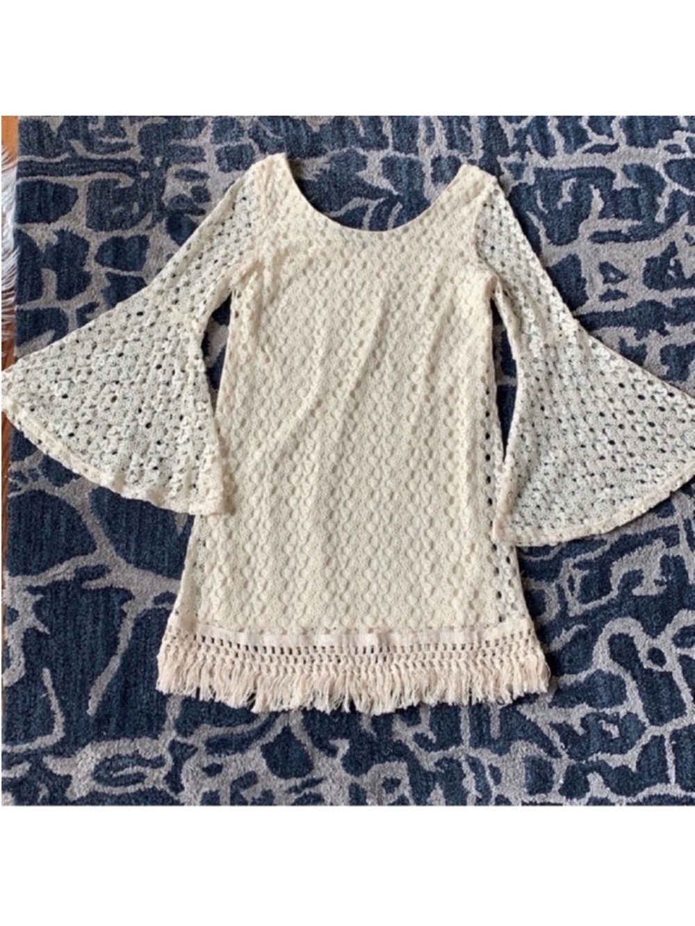 Entro Boho Crochet Fringe Mini Dress Sz S ivory Cream Bell Sleeve